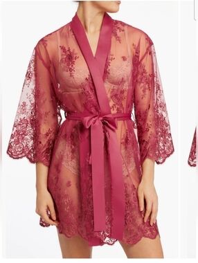Rya Collection Darling Lace Sheer  Kimono Sleeve Robe Sz M/L Burgundy